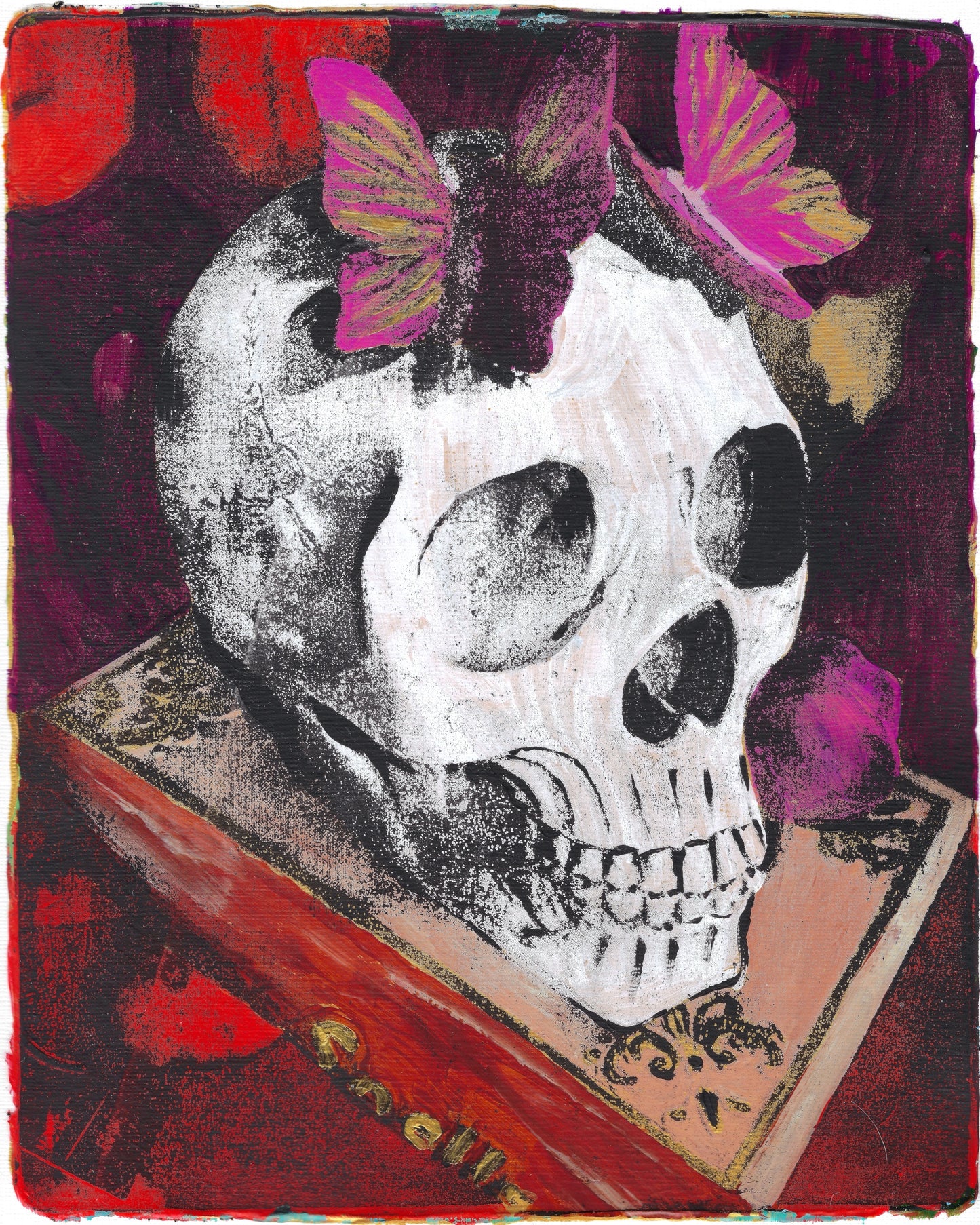 Skull with Butterflies 8x10 Gelli Print