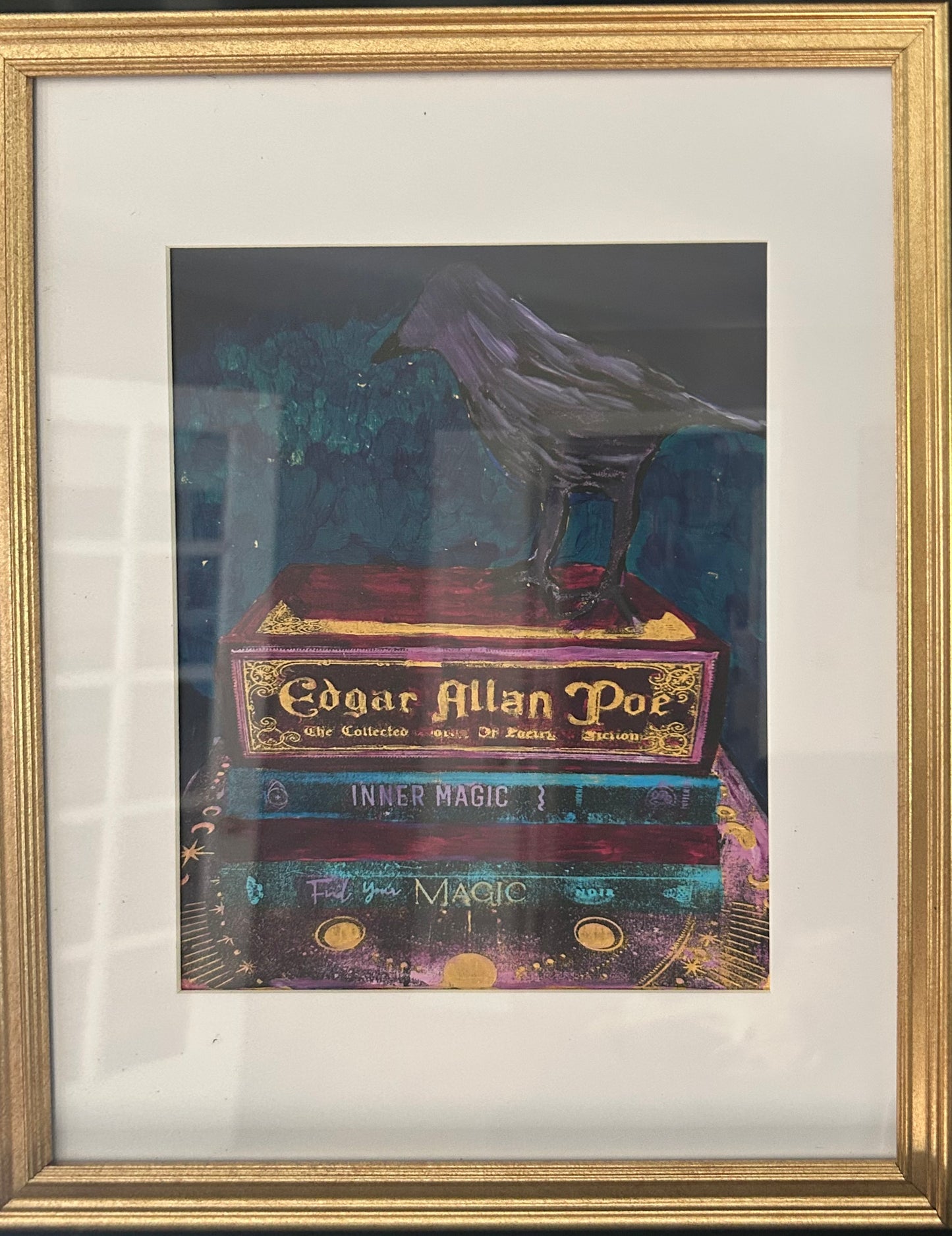 Poe with Raven Original 8x10 Framed Gelli Print