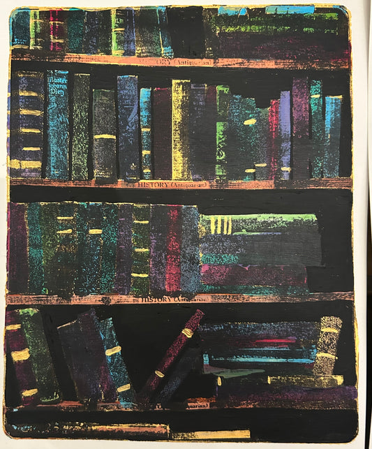 Books at Armchair Books, Edinburgh Scotland 8x10 Gelli Print