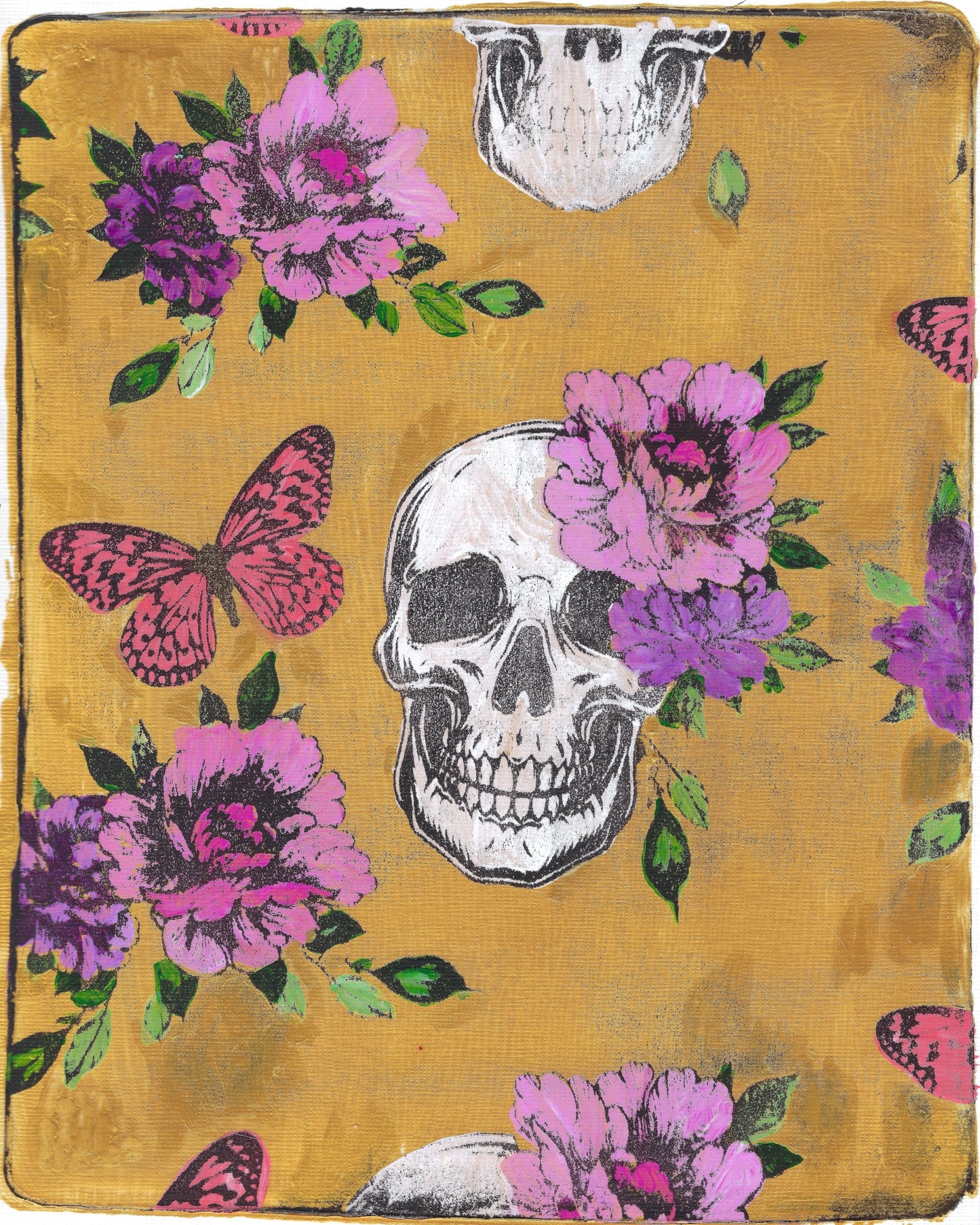 Skull with Flowers 8x10 Gelli Print