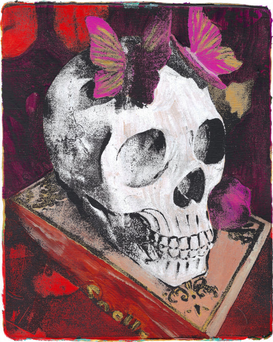 Skull with Butterflies 8x10 Gelli Print