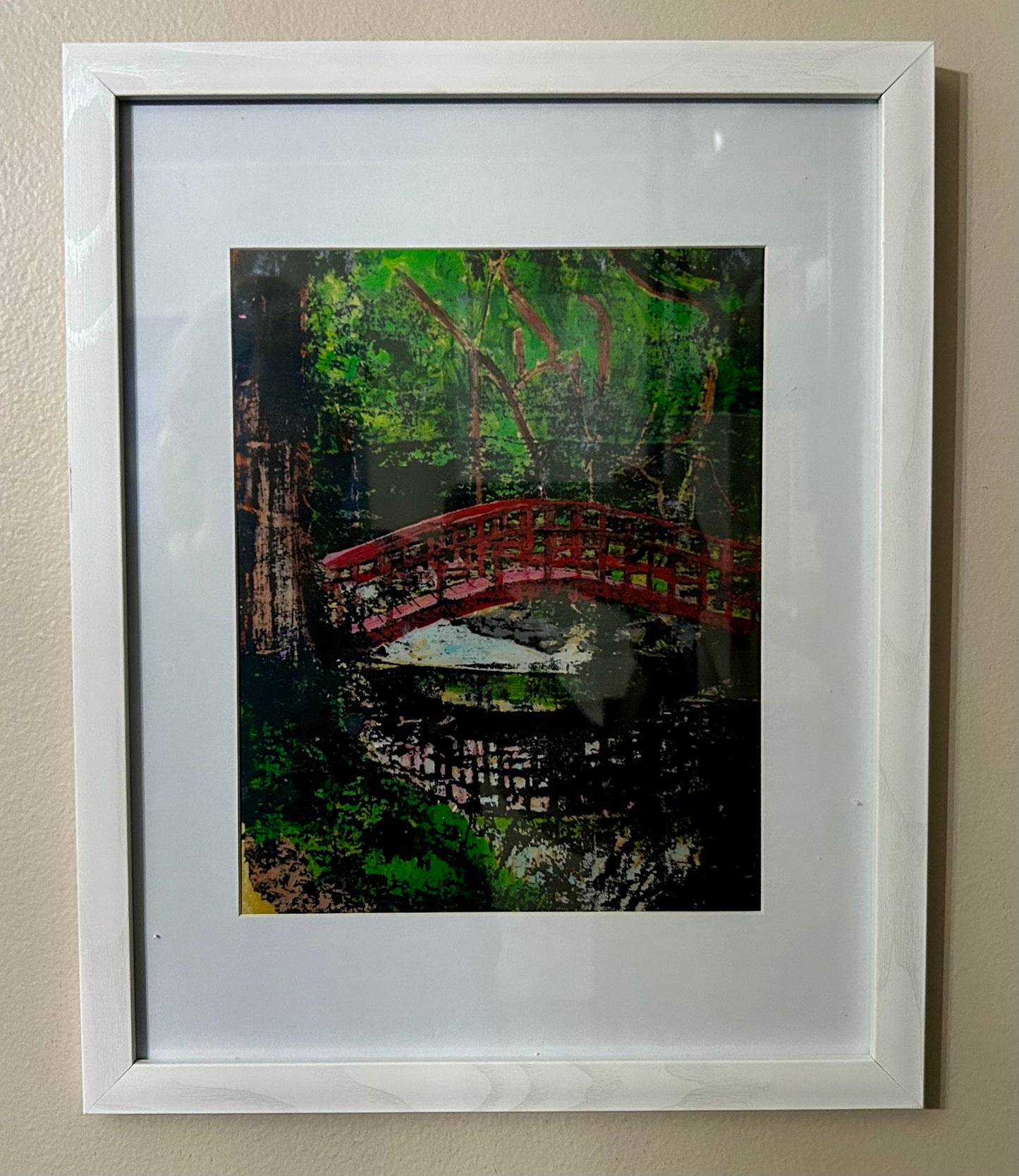 Cranbrook Japanese Bridge, Cranbrook Gardens - 8x10 Framed Gelli Print (not original)