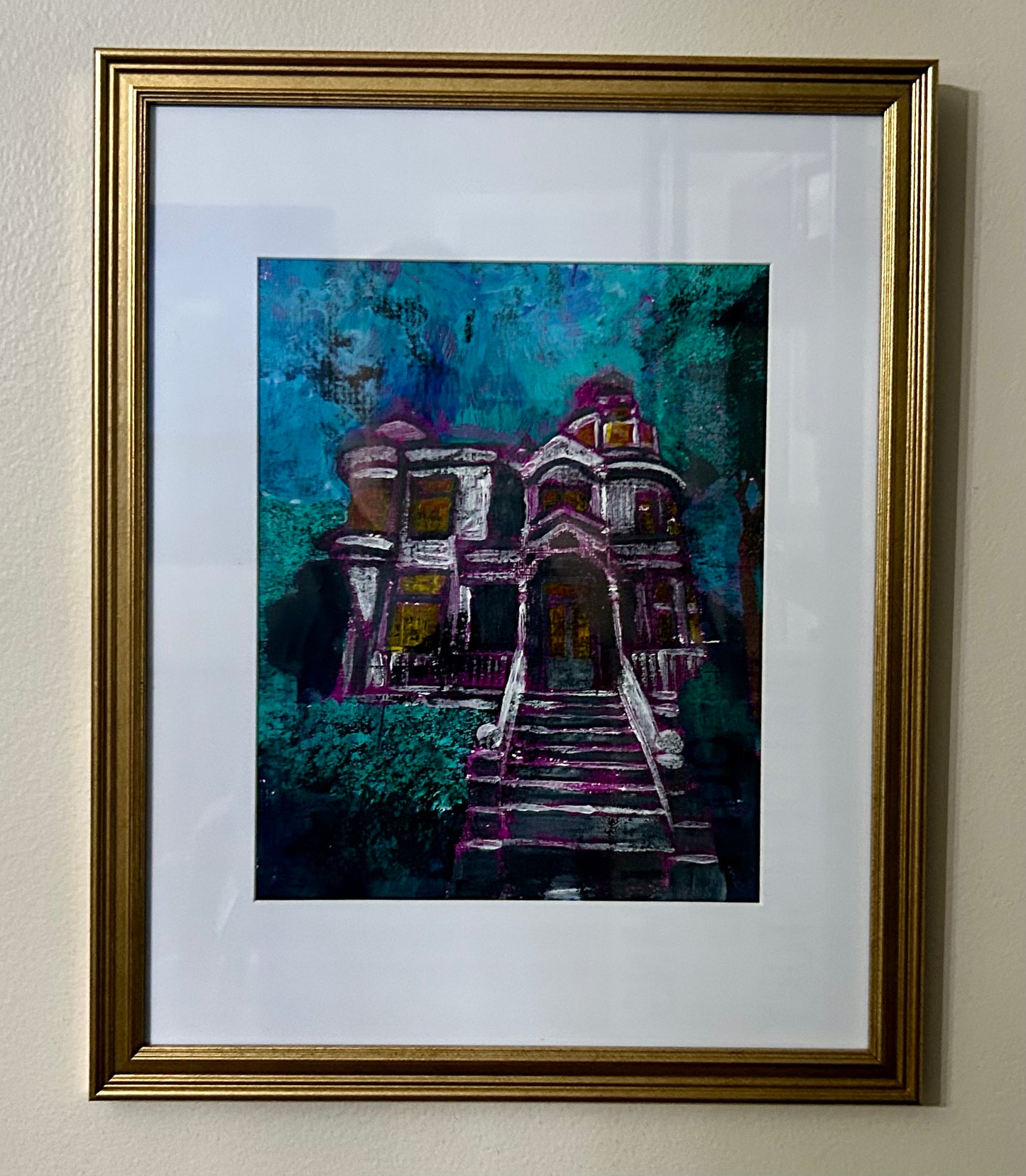 Purple Victorian House 8x10 Original Framed Gelli Print