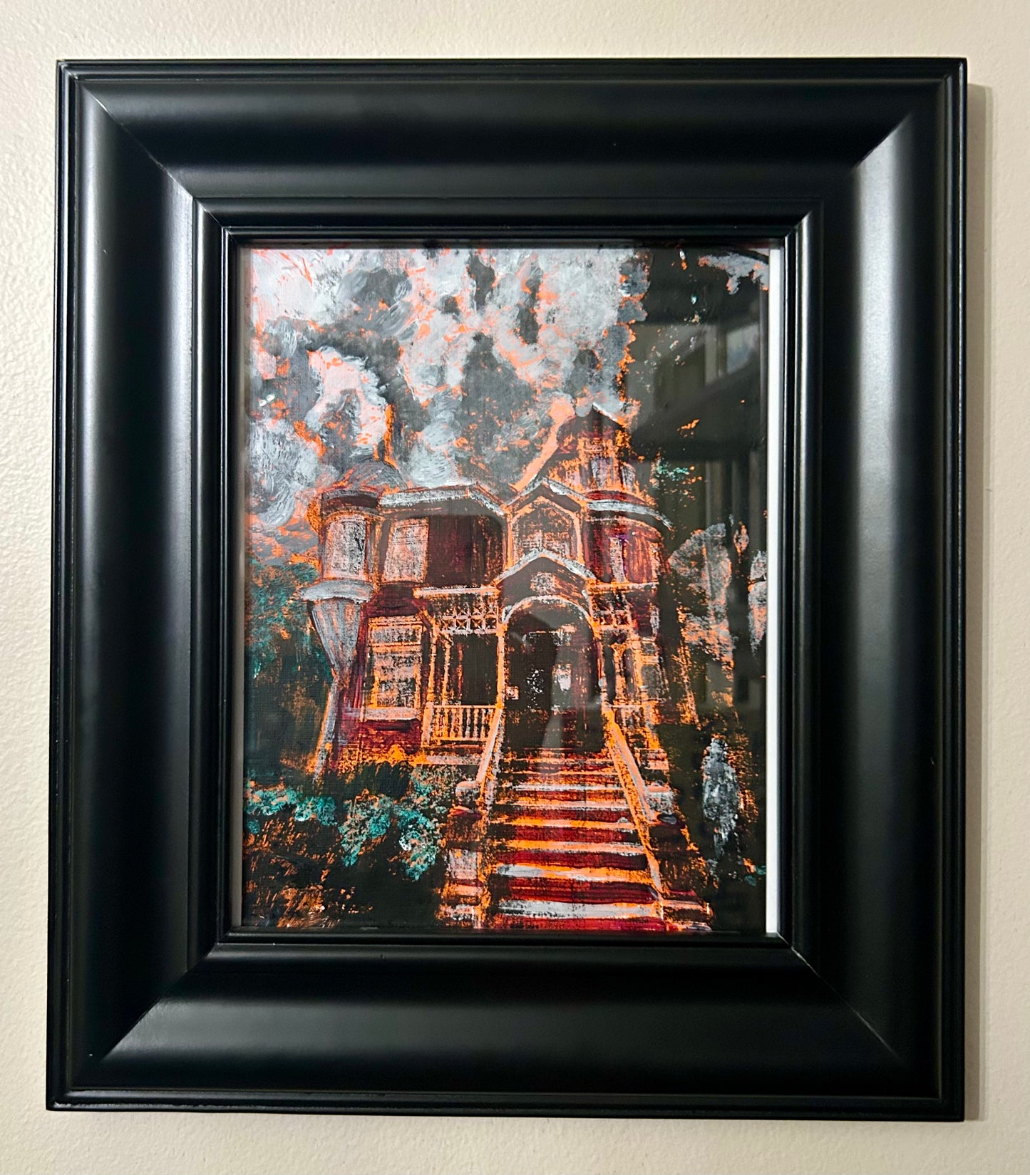 Red/Orange Victorian House, Sarnia - 8x10 Original Framed Gelli Print