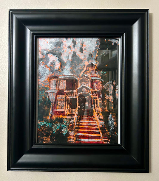 Red/Orange Victorian House, Sarnia - 8x10 Original Framed Gelli Print