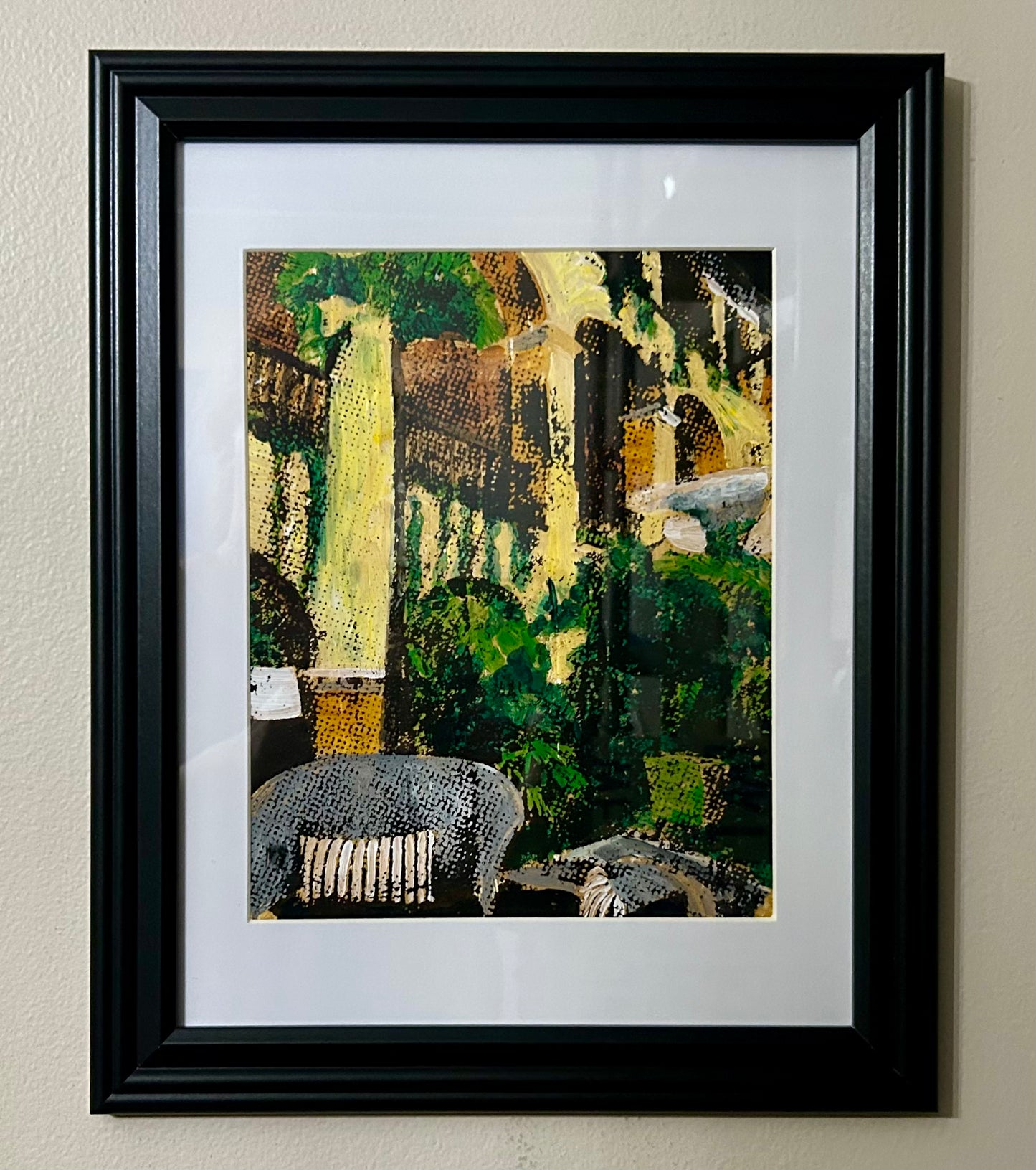 El Convento with Greenery 8x10 Original Framed Gelli Print