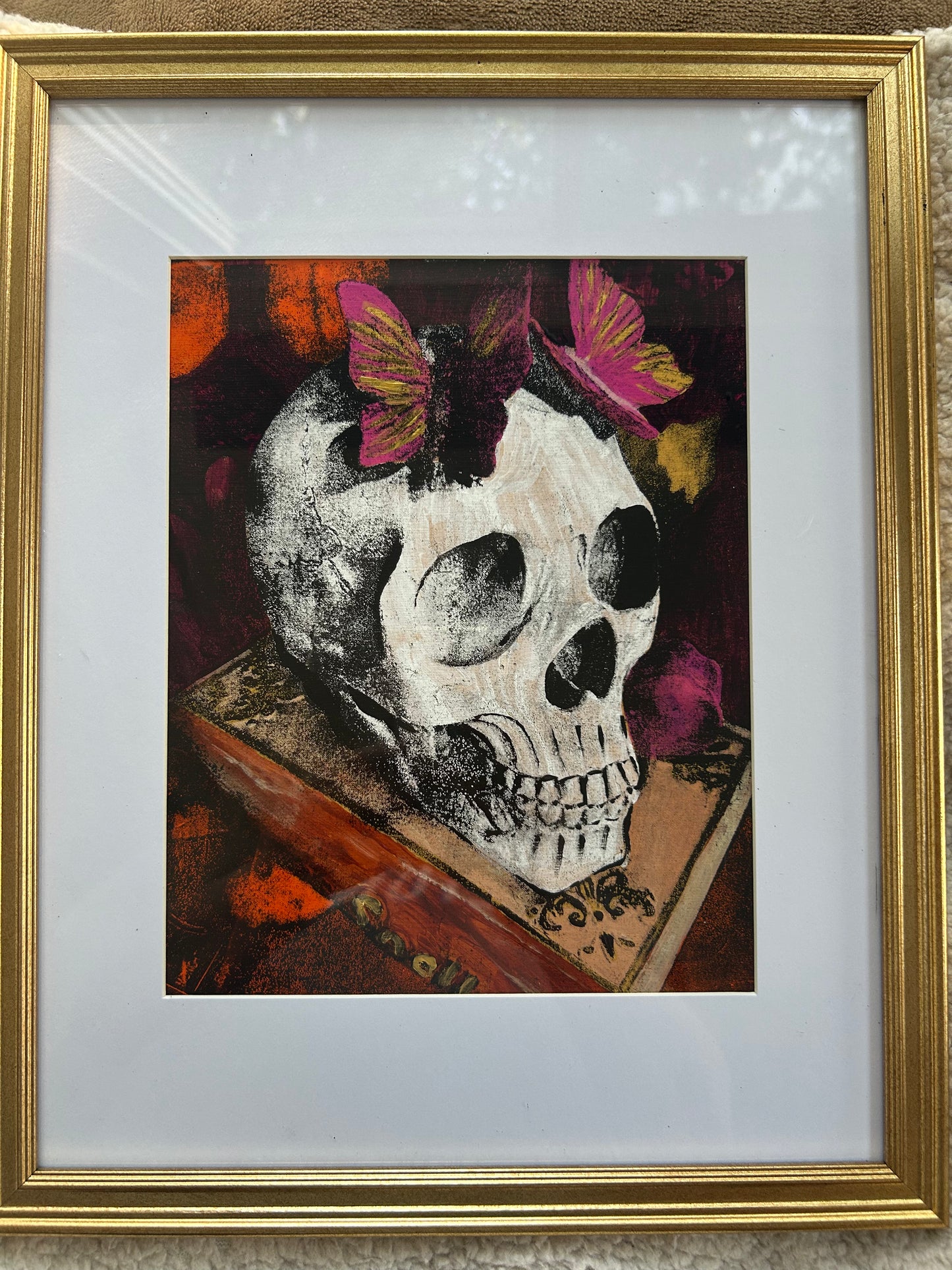 Skull with Butterflies Original 8x10 Framed Gelli Print
