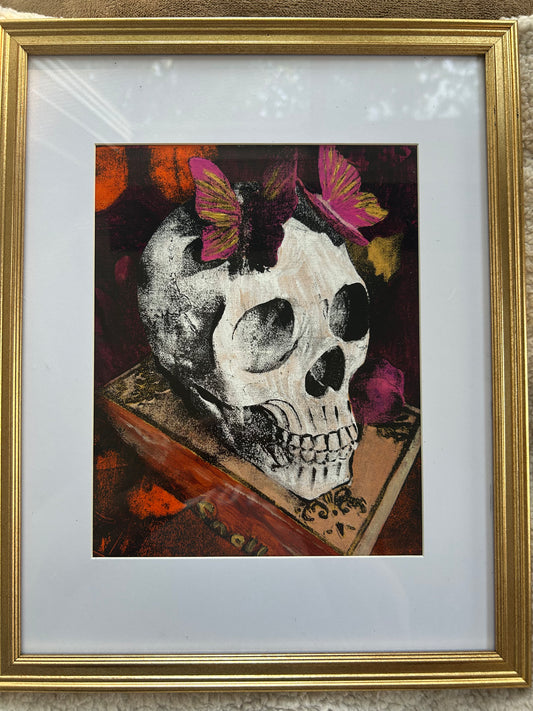 Skull with Butterflies Original 8x10 Framed Gelli Print