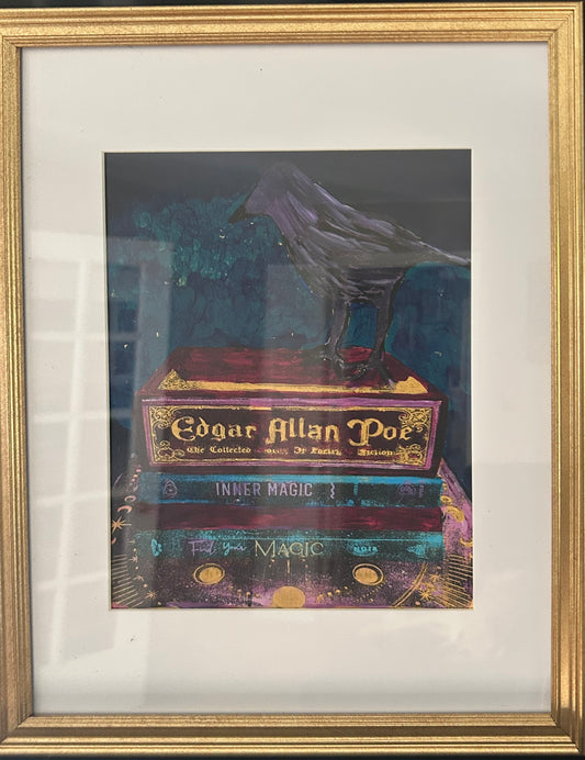 Poe with Raven Original 8x10 Framed Gelli Print