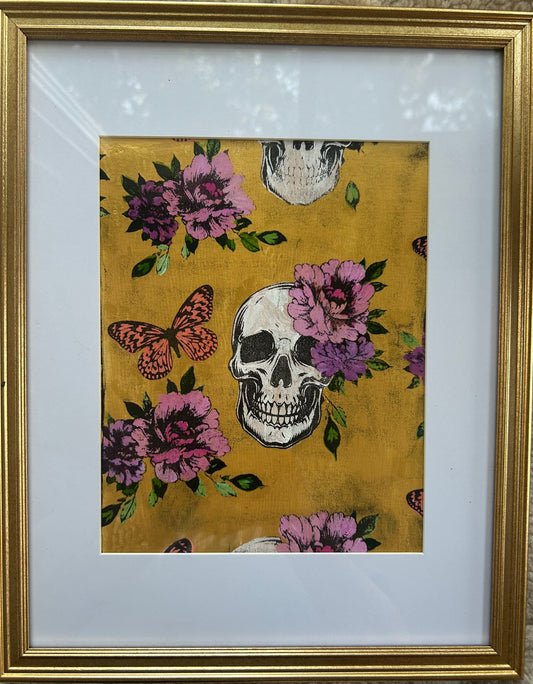 Skull with Flowers Original 8x10 Framed Gelli Print